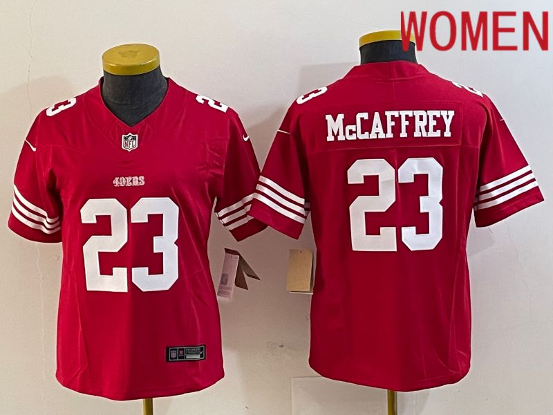 Women San Francisco 49ers 23 Mccaffrey Red 2023 Nike Vapor Limited NFL Jersey style 3